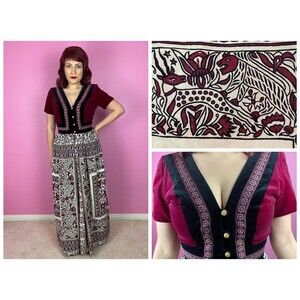 Vintage 1970s 70s JAY MORLEY for Fern Violette Novelty Print Maxi Dress Medium